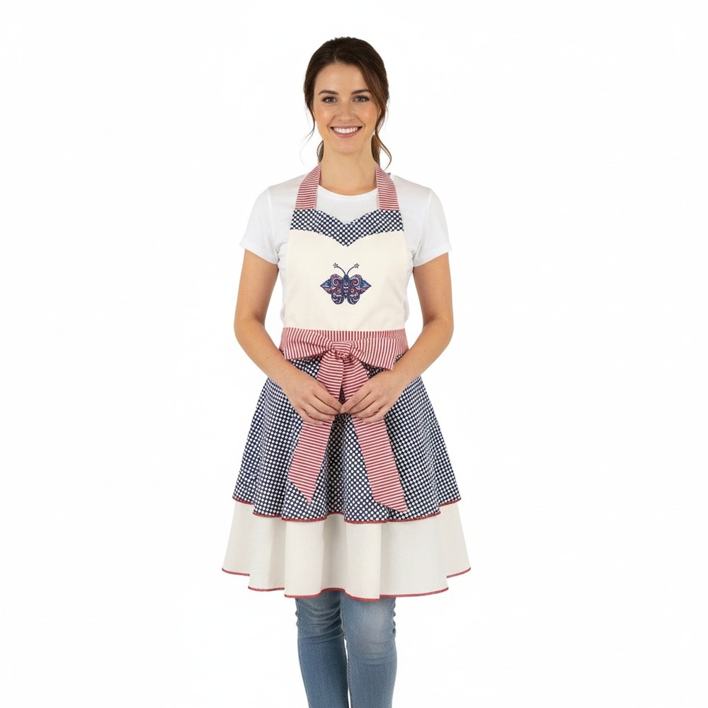 Stitchy Pixie Apron 50s Retro Homemaker Americana Cotton Patriotic 4th of July